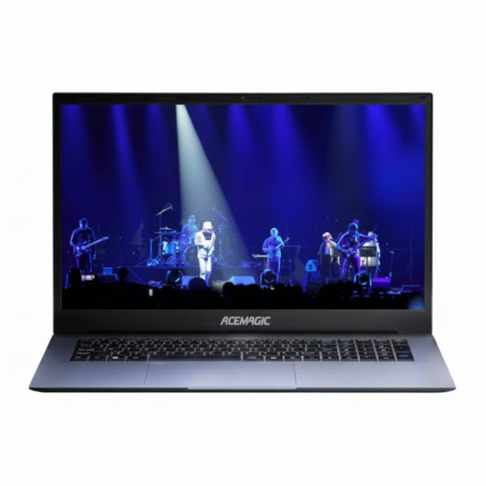 Laptop displaying a concert scene with a band on stage, branded 'Acer Magic'.