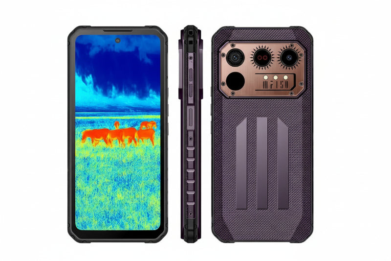 Phone case with thermal imaging display and rugged design on a white background